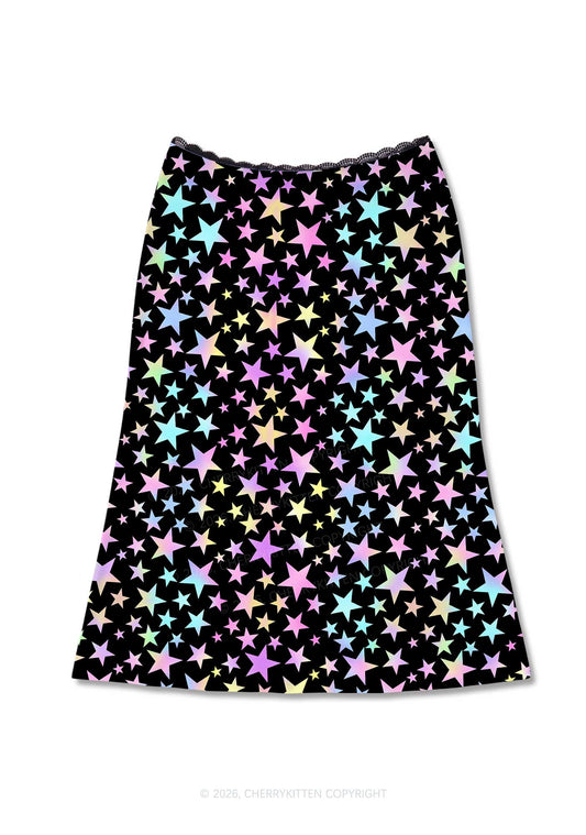 Rainbow Star On Black Y2K Print Midi Skirt Cherrykitten