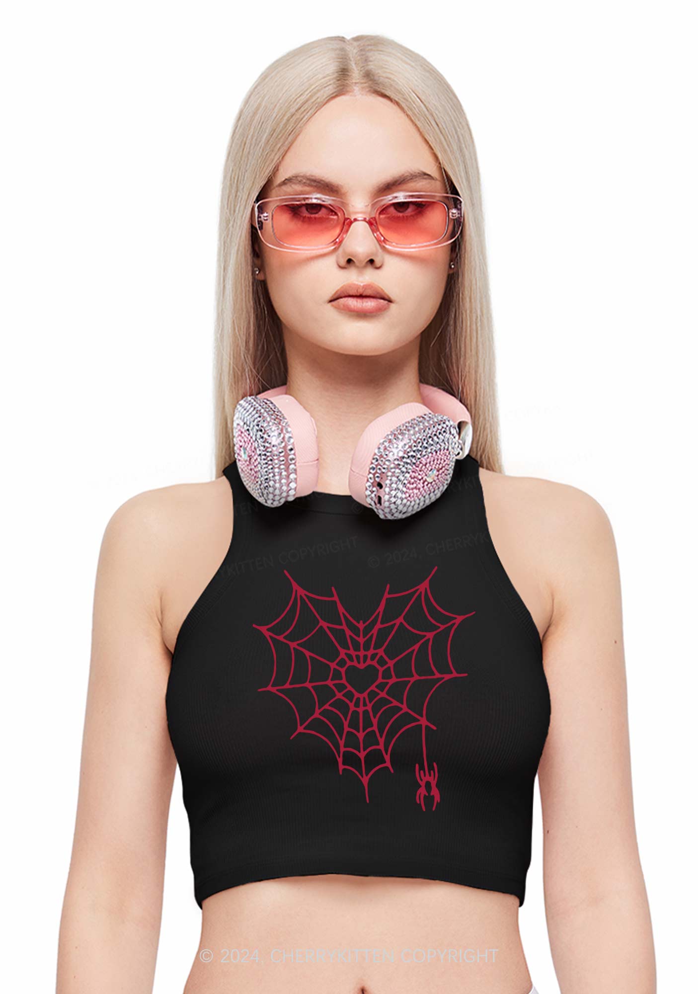 Heart Spider Web Y2K Valentine's Day Crop Tank Top Cherrykitten