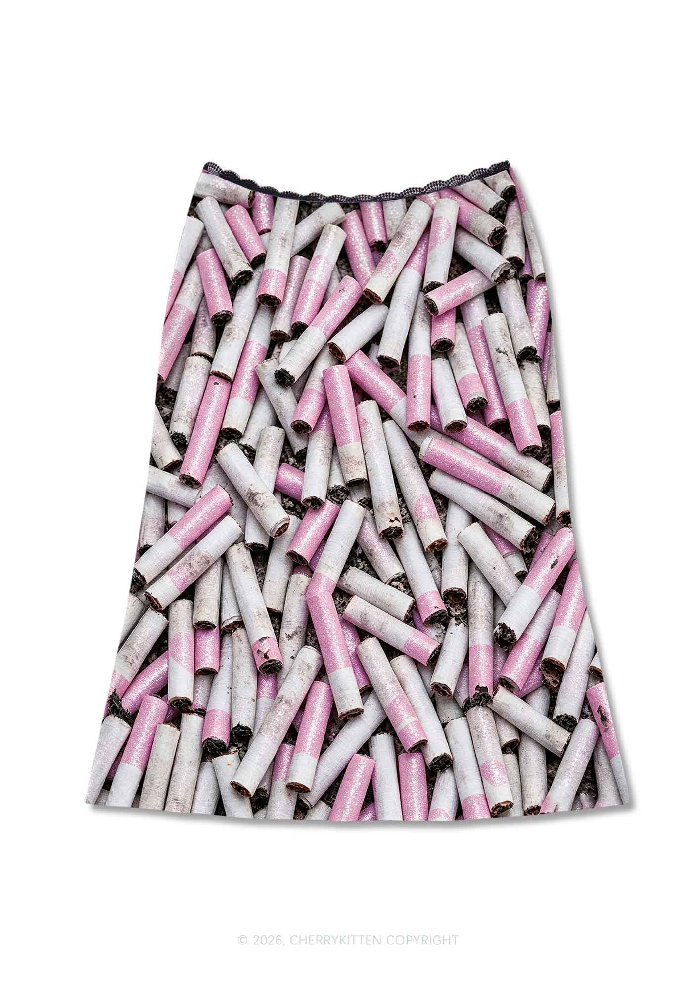 Pink White Cigarette Y2K Print Midi Skirt Cherrykitten
