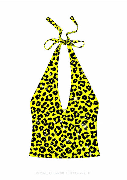 Lime Yellow Leopard Y2K Print Halter Deep V Neck Cami Cherrykitten