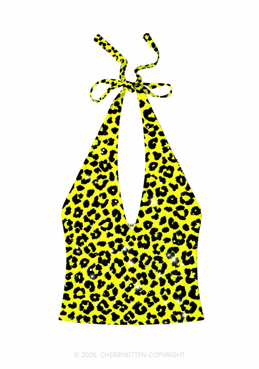 Lime Yellow Leopard Y2K Print Halter Deep V Neck Cami Cherrykitten