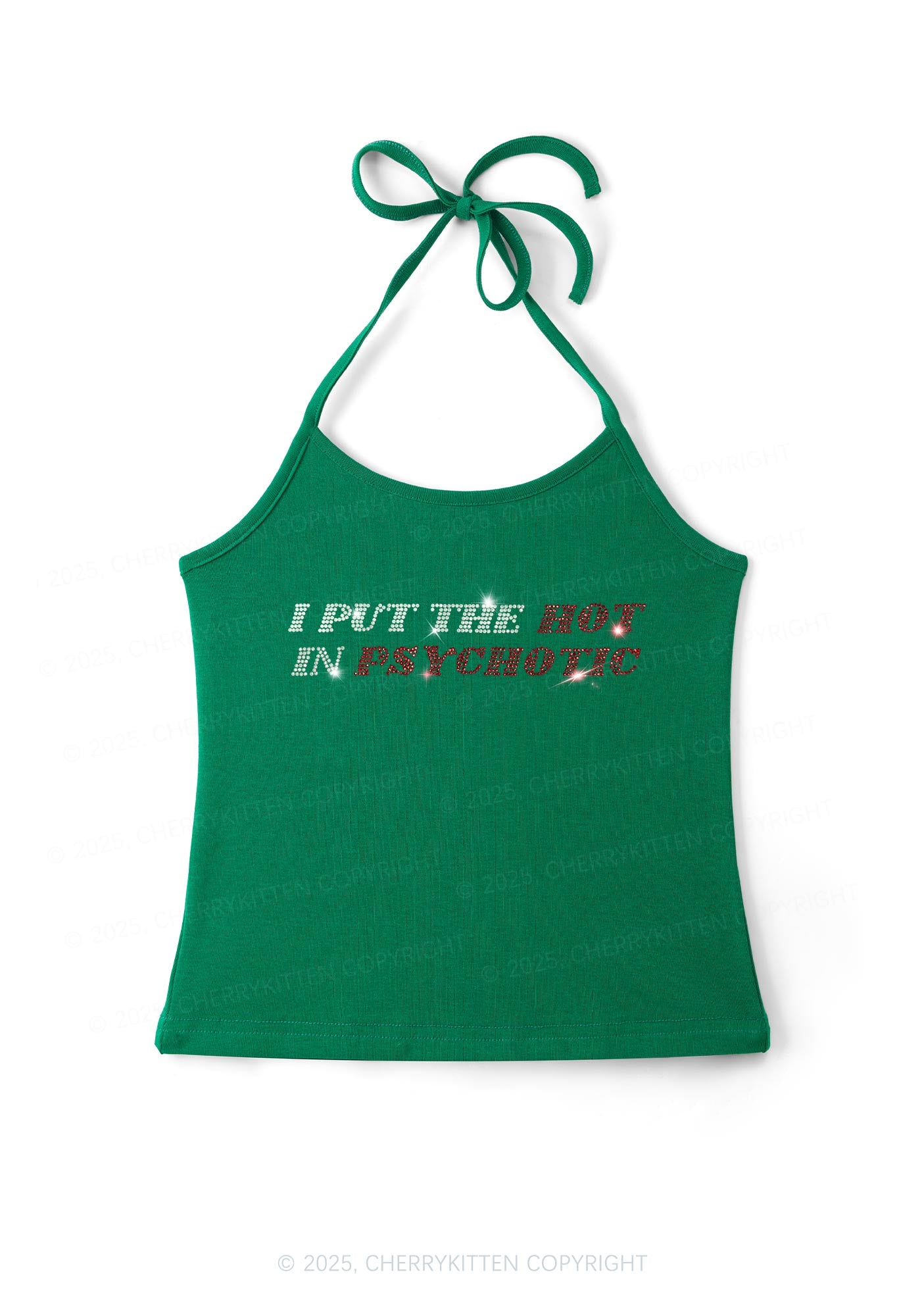 Rhinestone I Put The Hot In Psychotic Y2K Halter Neck Cami Cherrykitten