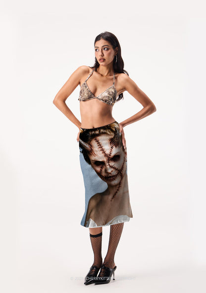 Halloween Scar Horned Demon Woman Y2K Print Midi Skirt Cherrykitten