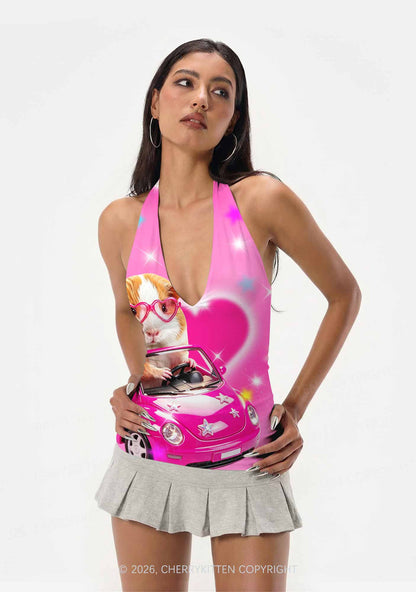 Pink Car Guinea Pig Y2K Print Halter Deep V Neck Cami Cherrykitten