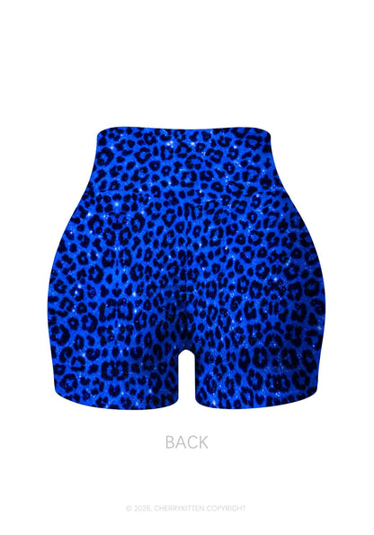 Royal Blue Leopard Y2K Print Gym Shorts Cherrykitten