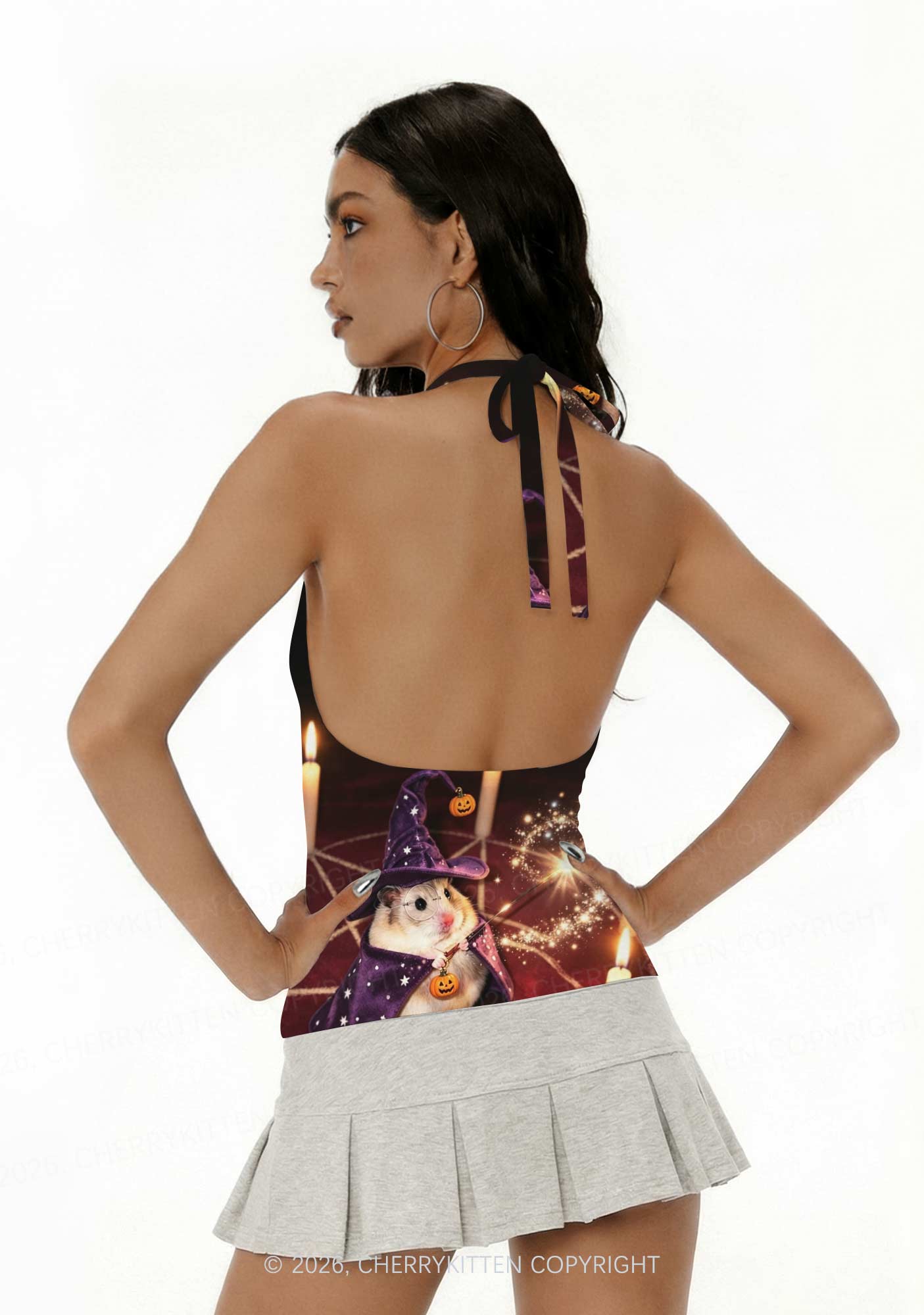 Halloween Wizard Hamster Y2K Print Halter Deep V Neck Cami Cherrykitten
