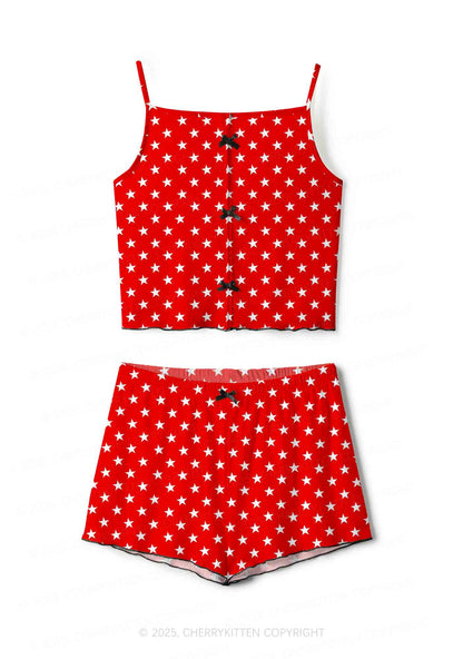White Stars On Red Valentine's Day Y2K Print Cami Shorts Pajama Set Cherrykitten