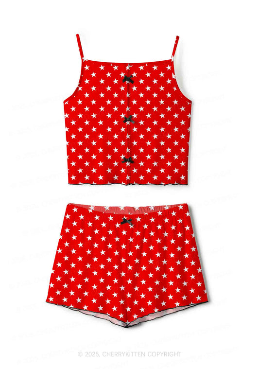 White Stars On Red Valentine's Day Y2K Print Cami Shorts Pajama Set Cherrykitten