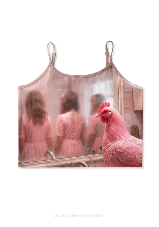 Pink Lace Chicken Y2K Print Cami Crop Top Cherrykitten