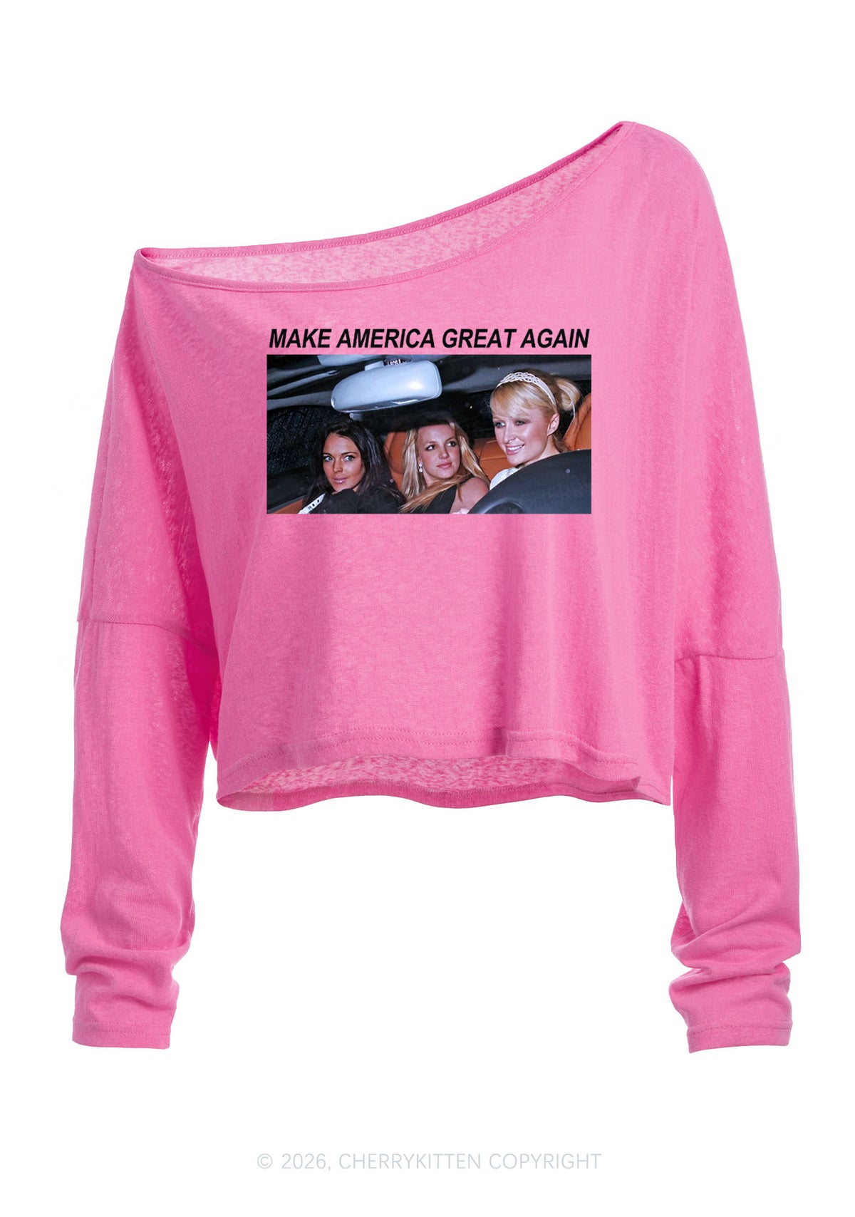 Make America Great Y2K Off Shoulder Long Sleeve Crop Top Cherrykitten