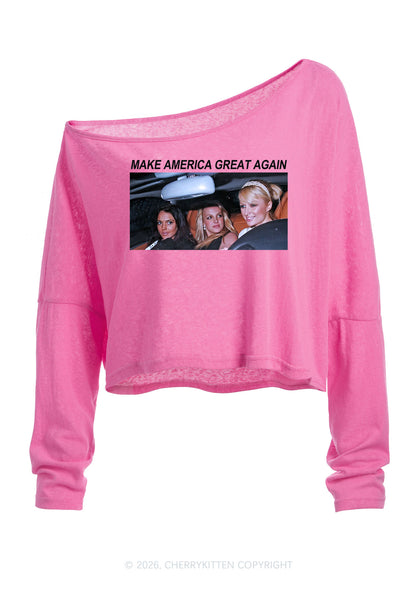 Make America Great Y2K Off Shoulder Long Sleeve Crop Top Cherrykitten