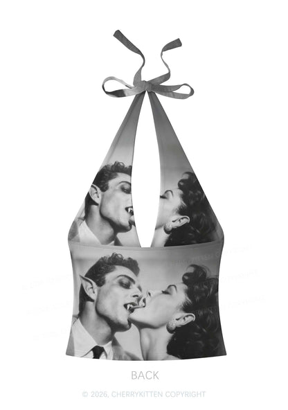 Halloween Vampire Couple Y2K Print Halter Deep V Neck Cami Cherrykitten