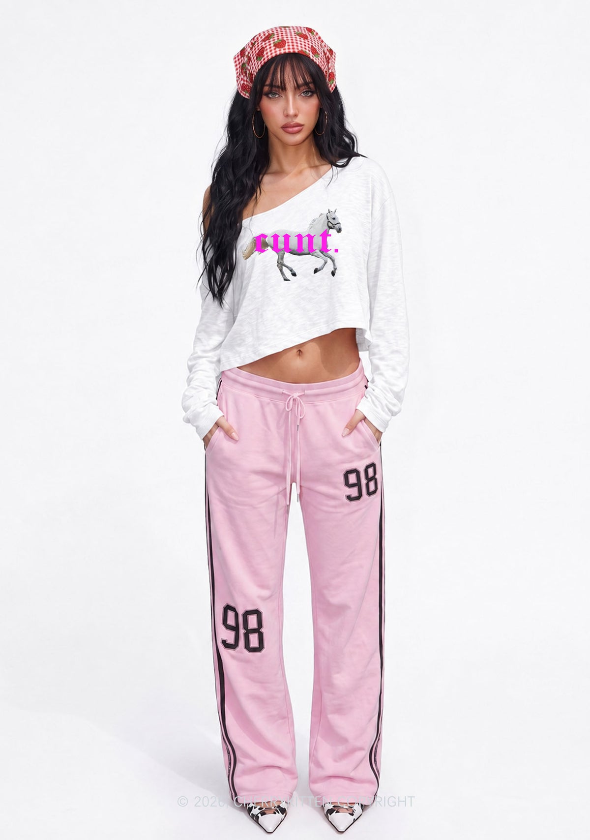 Cxxt Horse Y2K Off Shoulder Long Sleeve Crop Top Cherrykitten