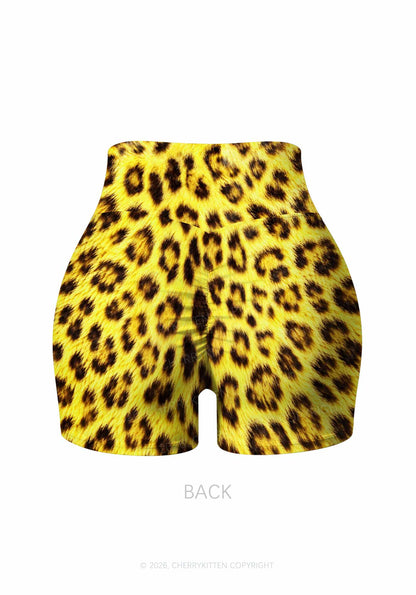 Yellow Leopard Y2K Print Gym Shorts Cherrykitten