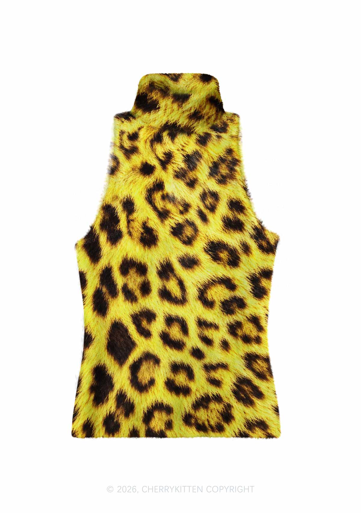 Yellow Leopard Y2K Knit Turtleneck Tank Top Cherrykitten
