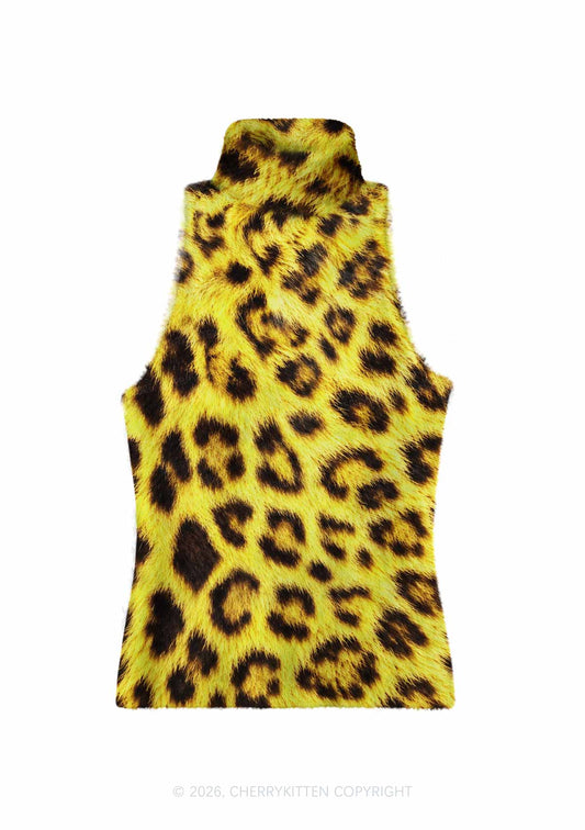 Yellow Leopard Y2K Knit Turtleneck Tank Top Cherrykitten