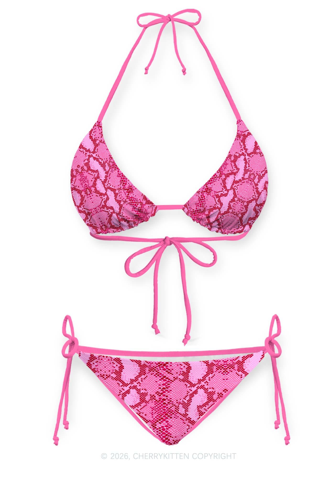 Hot Pink Snake Skin Pattern Y2K Print Bikini Set Cherrykitten