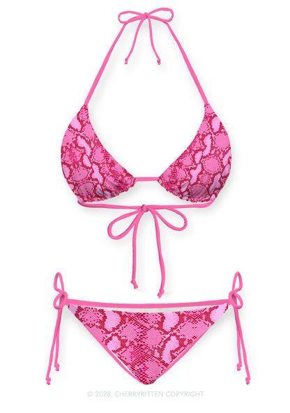 Hot Pink Snake Skin Pattern Y2K Print Bikini Set Cherrykitten