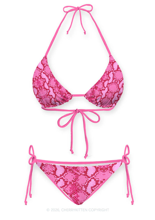 Hot Pink Snake Skin Pattern Y2K Print Bikini Set Cherrykitten