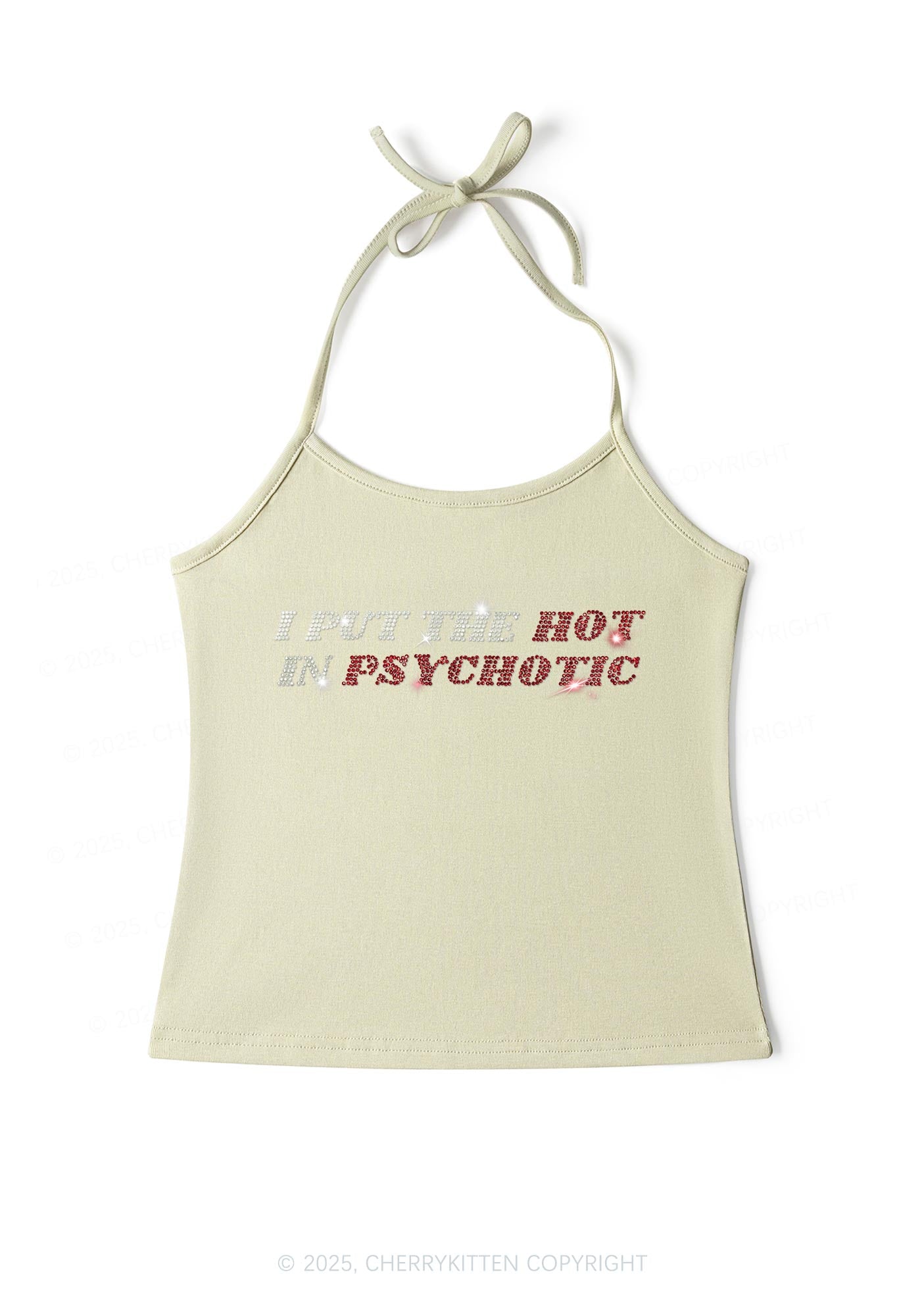 Rhinestone I Put The Hot In Psychotic Y2K Halter Neck Cami Cherrykitten