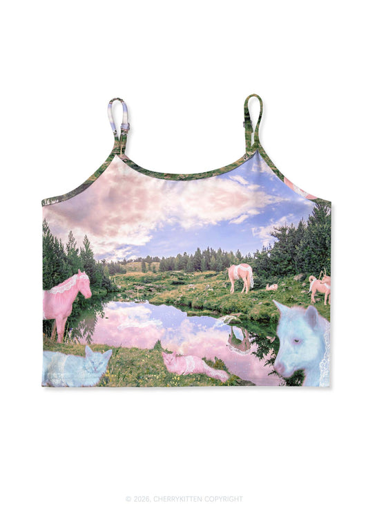 Pink Lace Pony Y2K Print Cami Crop Top Cherrykitten