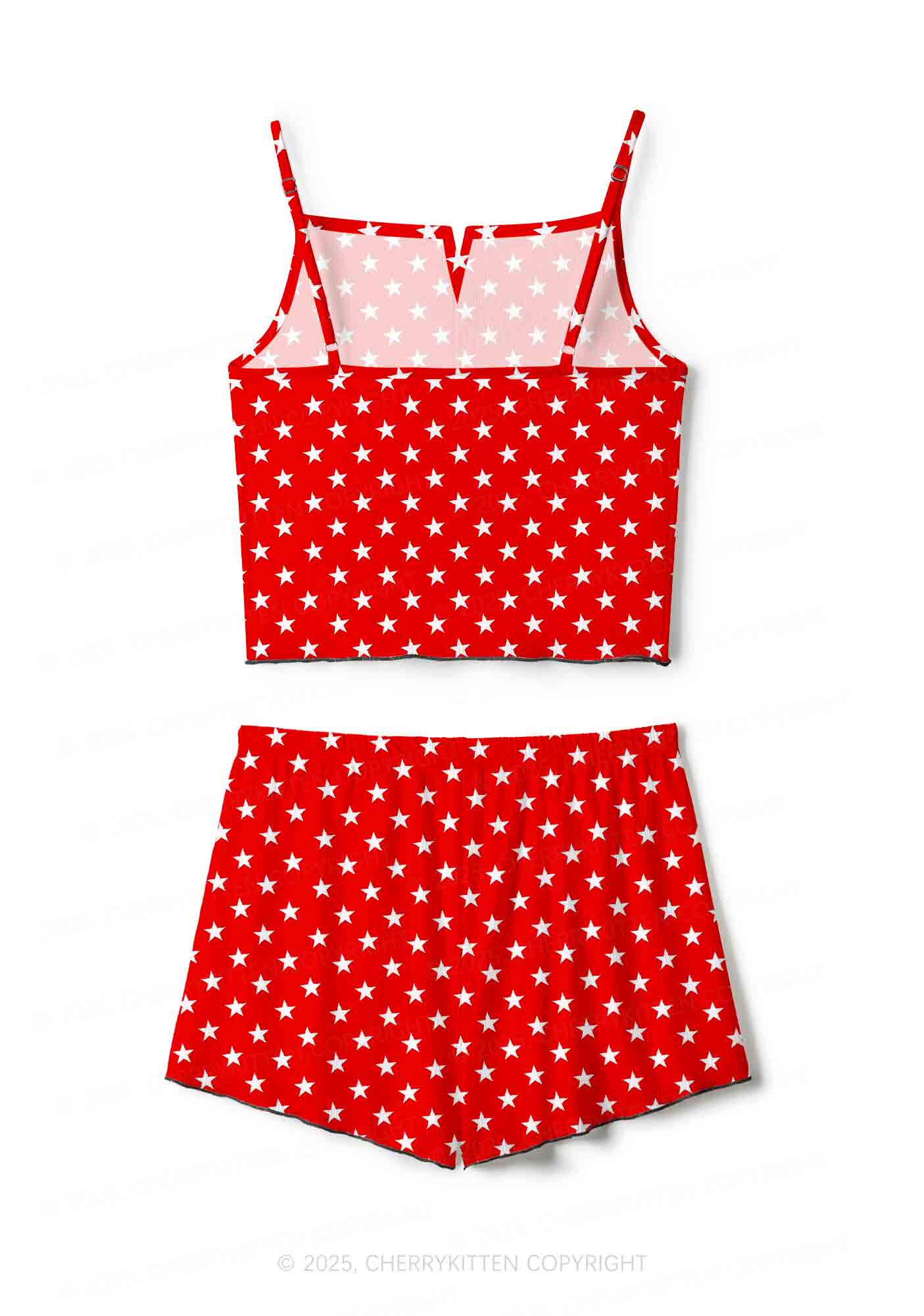 White Stars On Red Valentine's Day Y2K Print Cami Shorts Pajama Set Cherrykitten
