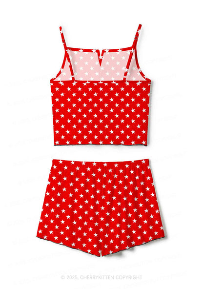 White Stars On Red Valentine's Day Y2K Print Cami Shorts Pajama Set Cherrykitten
