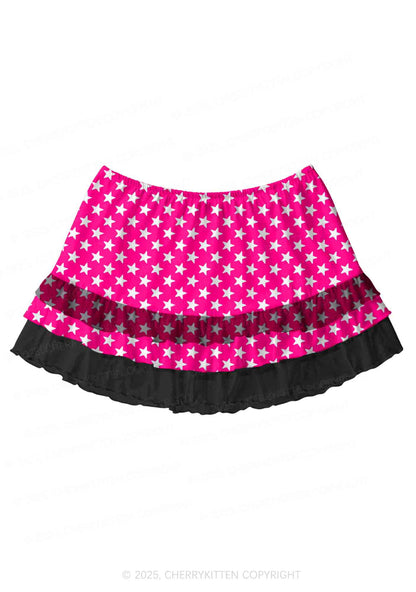 White Stars On Pink Valentine's Day Y2K Print Mini Layered Skirt Cherrykitten