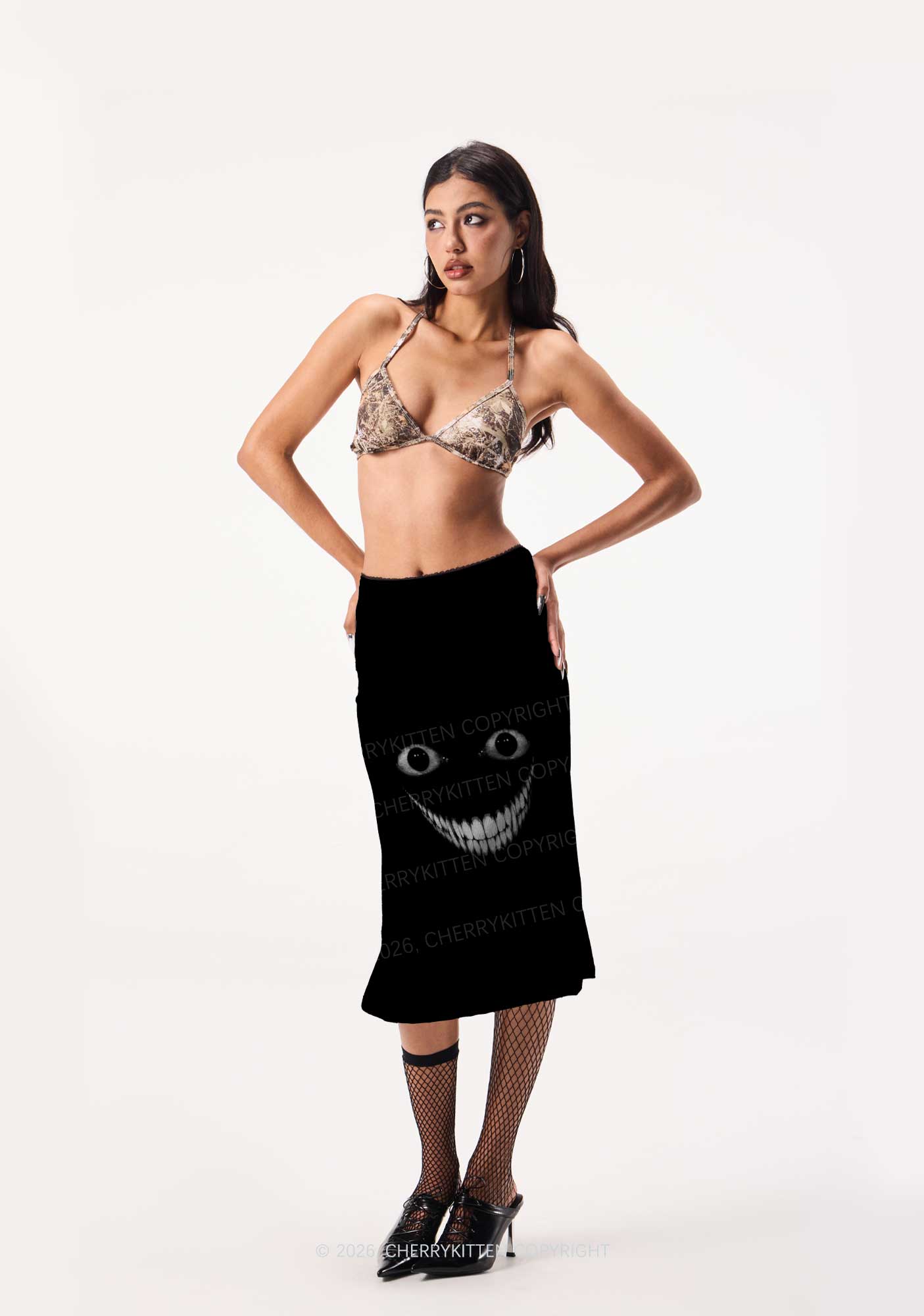 Halloween Black Creepy Grin Y2K Print Midi Skirt Cherrykitten