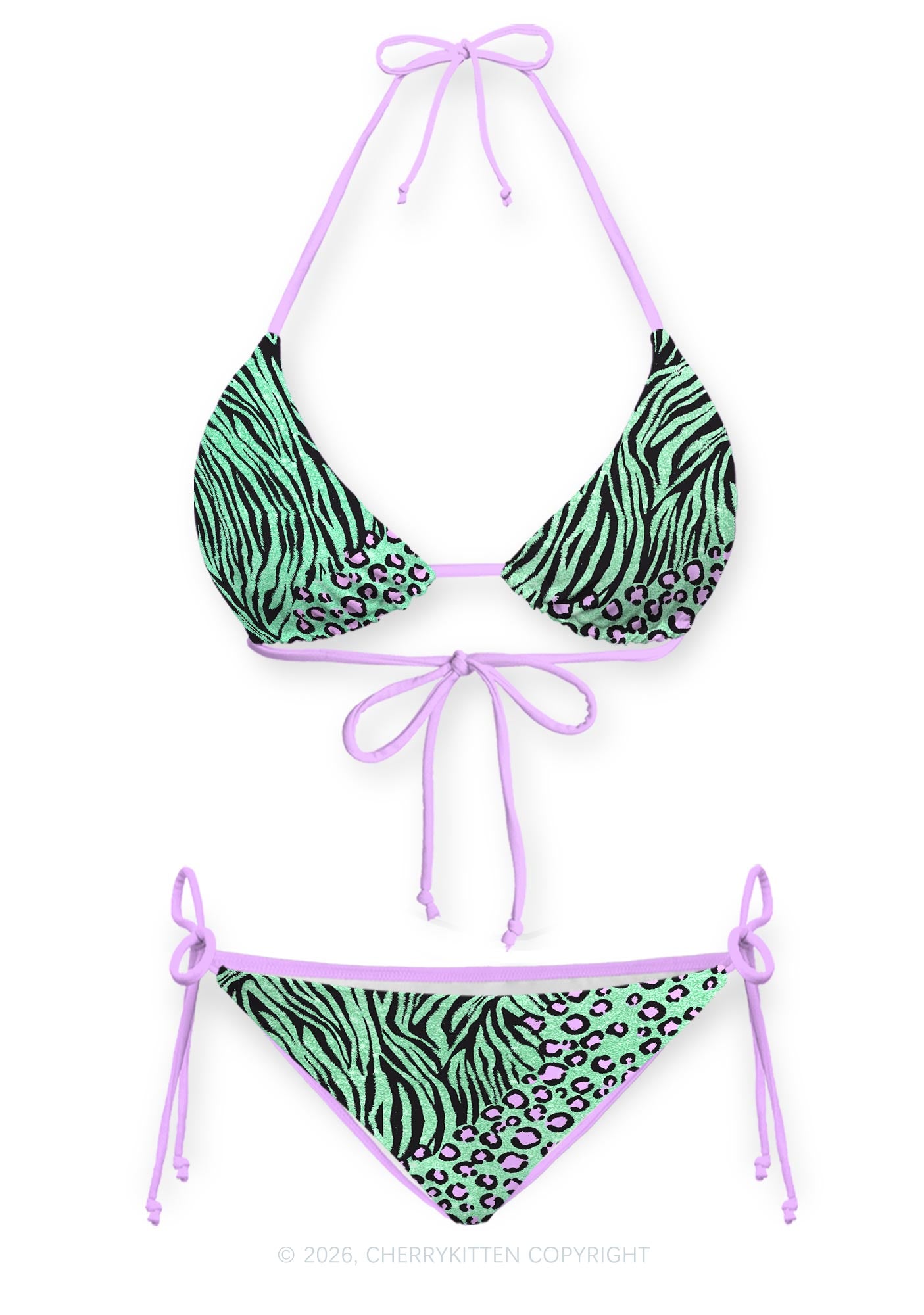 Mint Green Zebra Leopard Y2K Print Bikini Set Cherrykitten