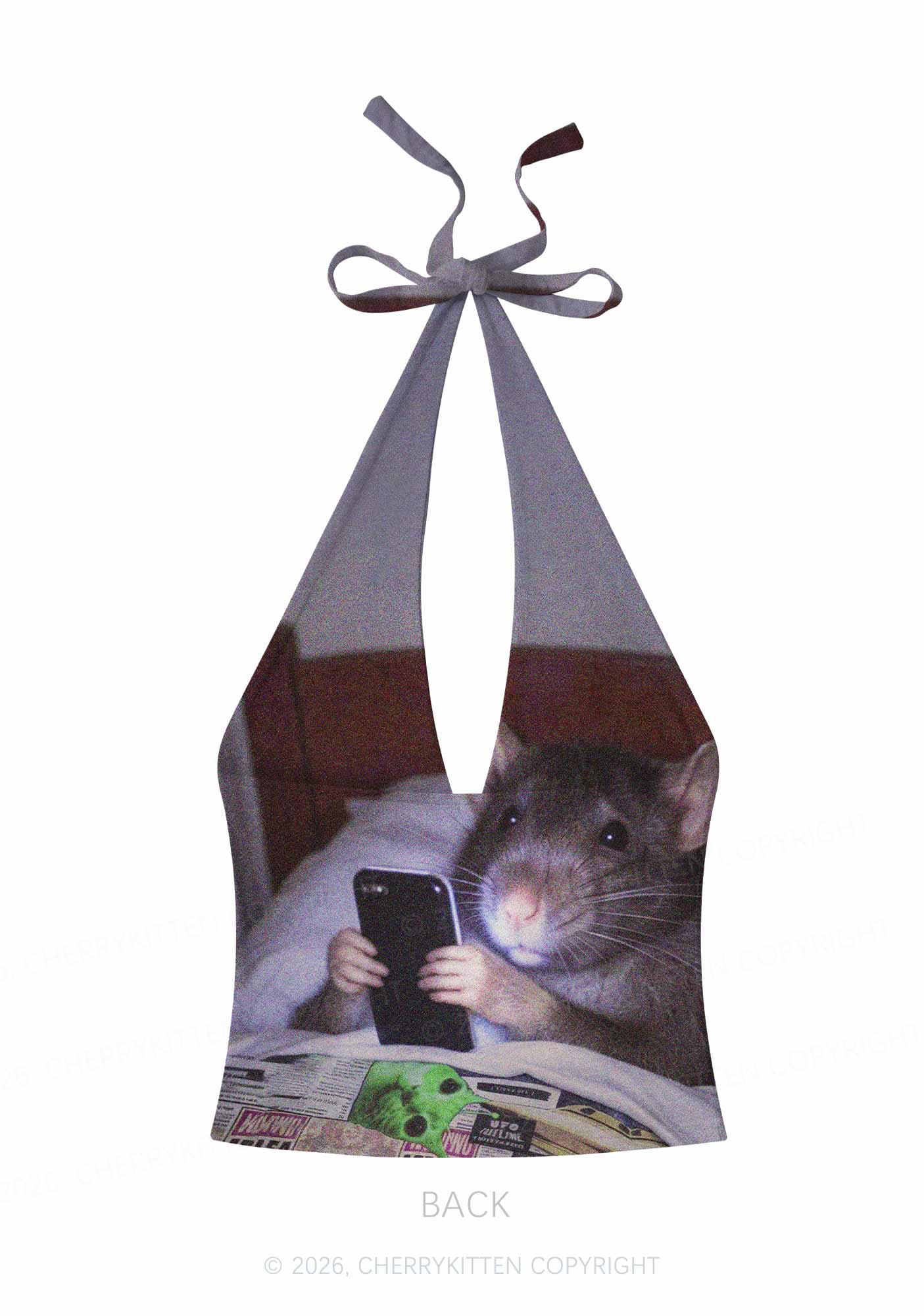 Bed Rat Smartphone Y2K Print Halter Deep V Neck Cami Cherrykitten