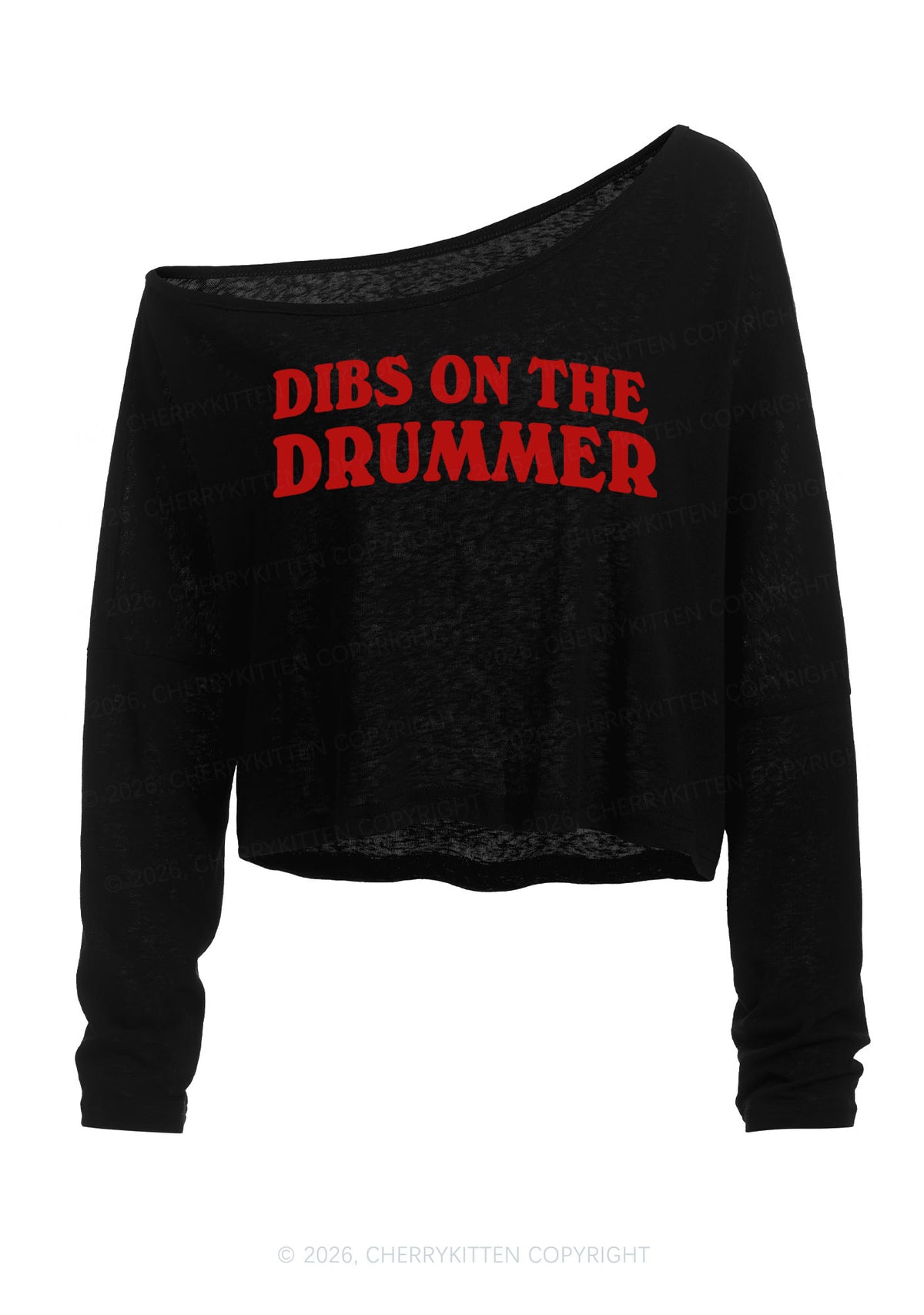 Dibs On The Drummer Y2K Off Shoulder Long Sleeve Crop Top Cherrykitten