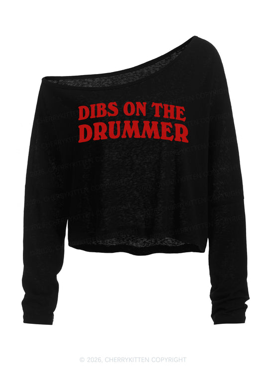 Dibs On The Drummer Y2K Off Shoulder Long Sleeve Crop Top Cherrykitten