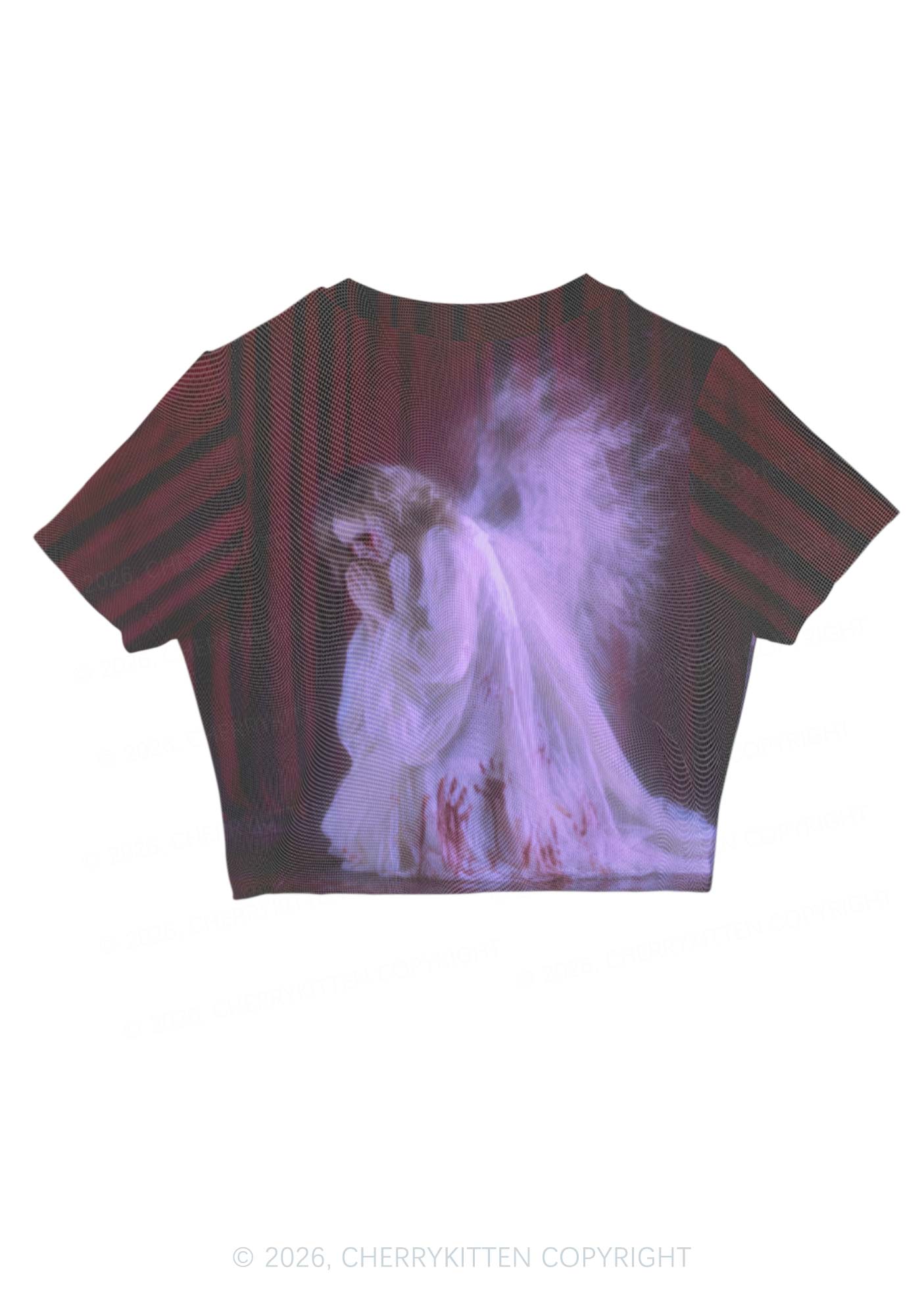 Halloween Bloody Praying Angel Y2K Mesh Crop Top Cherrykitten