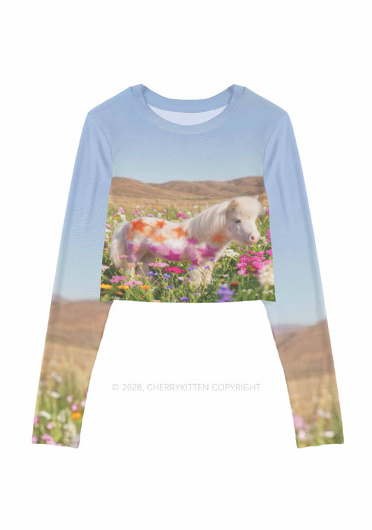 Lesbian Stars Pony Pride Y2K Mesh Long Sleeve Crop Top Cherrykitten