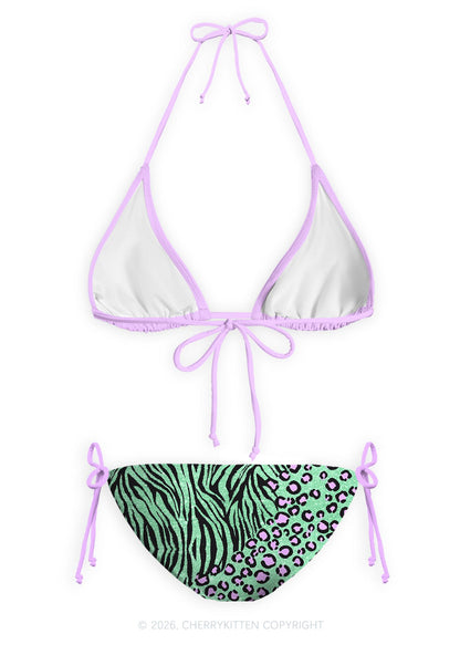 Mint Green Zebra Leopard Y2K Print Bikini Set Cherrykitten