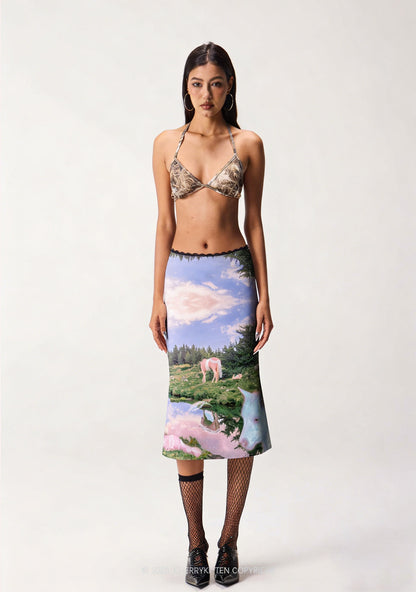 Pink Lace Pony Y2K Print Midi Skirt Cherrykitten