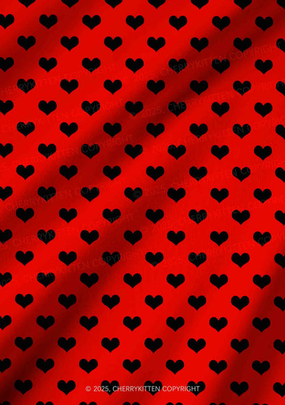 Black Heart On Red Valentine's Day Y2K Print Long Sleeve Pajama Set Cherrykitten