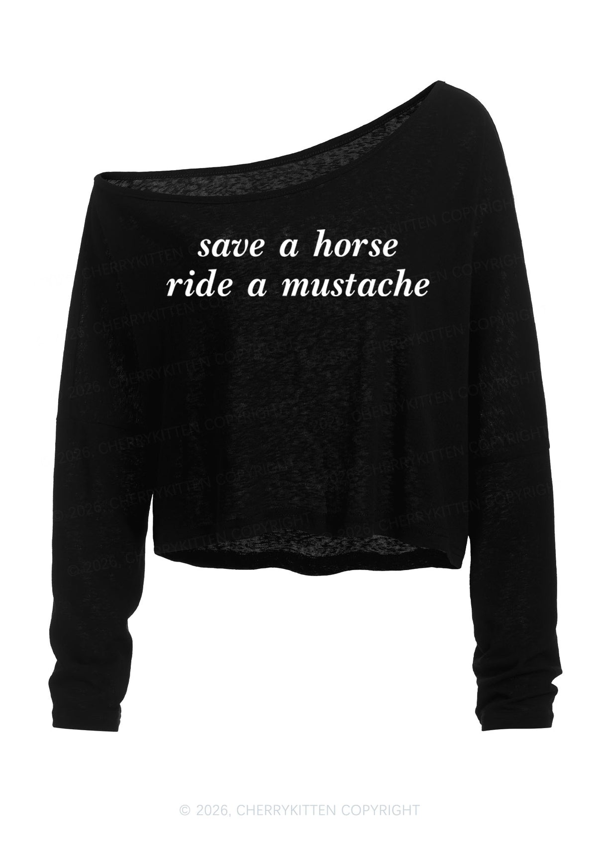 Ride A Mustache Y2K Off Shoulder Long Sleeve Crop Top Cherrykitten