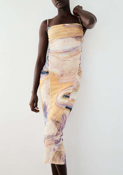 Printed Pleated Tulle Slip Dress