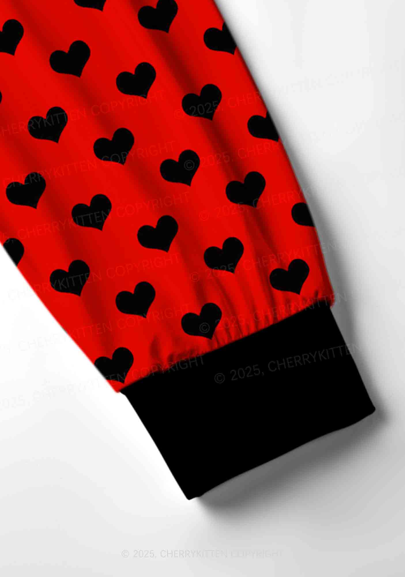 Black Heart On Red Valentine's Day Y2K Print Long Sleeve Pajama Set Cherrykitten