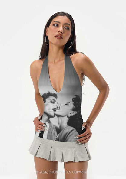 Halloween Vampire Couple Y2K Print Halter Deep V Neck Cami Cherrykitten