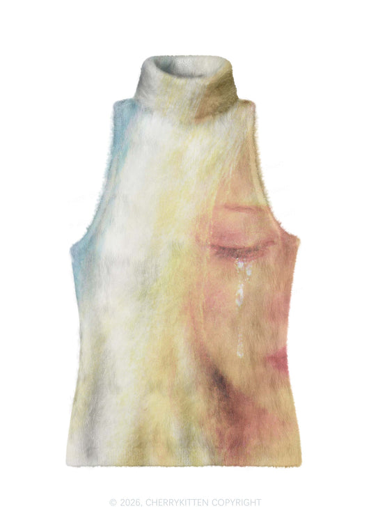 Crying Blonde Face Y2K Knit Turtleneck Tank Top Cherrykitten