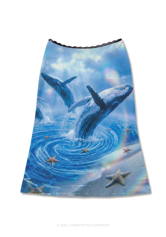 Whale Starfish Y2K Print Midi Skirt Cherrykitten