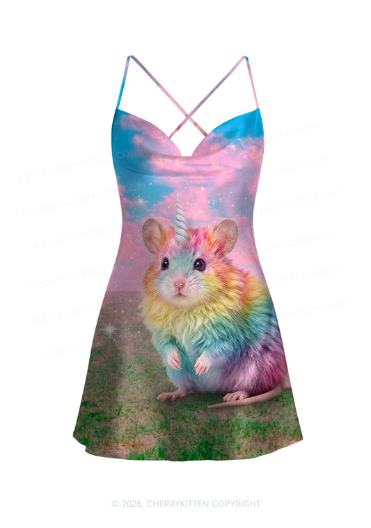 Unicorn Rat Pride Y2K Print Satin Cowl Neck Slip Dress Cherrykitten