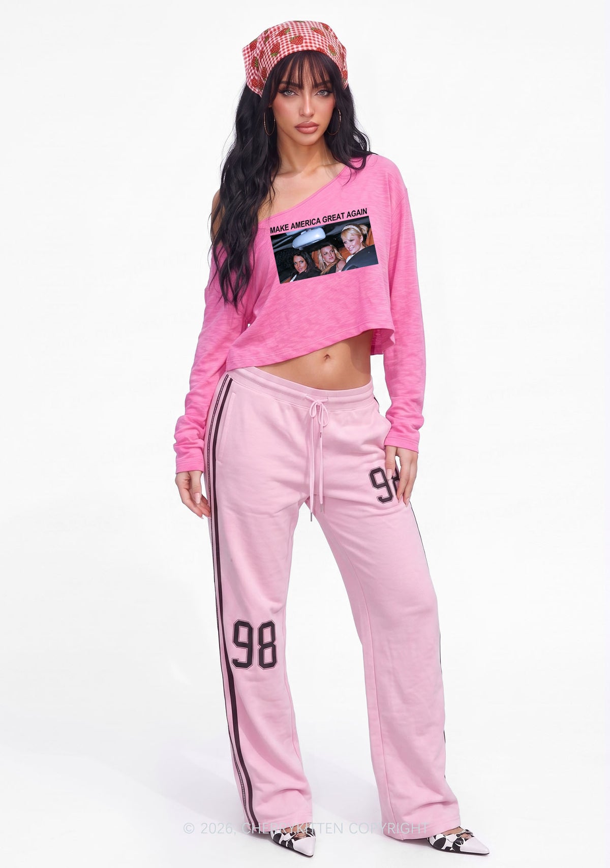 Make America Great Y2K Off Shoulder Long Sleeve Crop Top Cherrykitten
