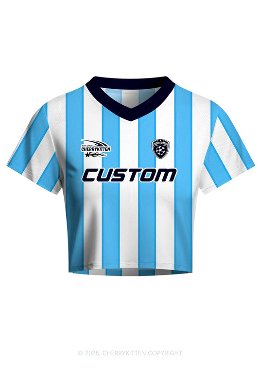 Custom Text Number Blue White Stripes Y2K Crop Football Jersey Shirts Cherrykitten