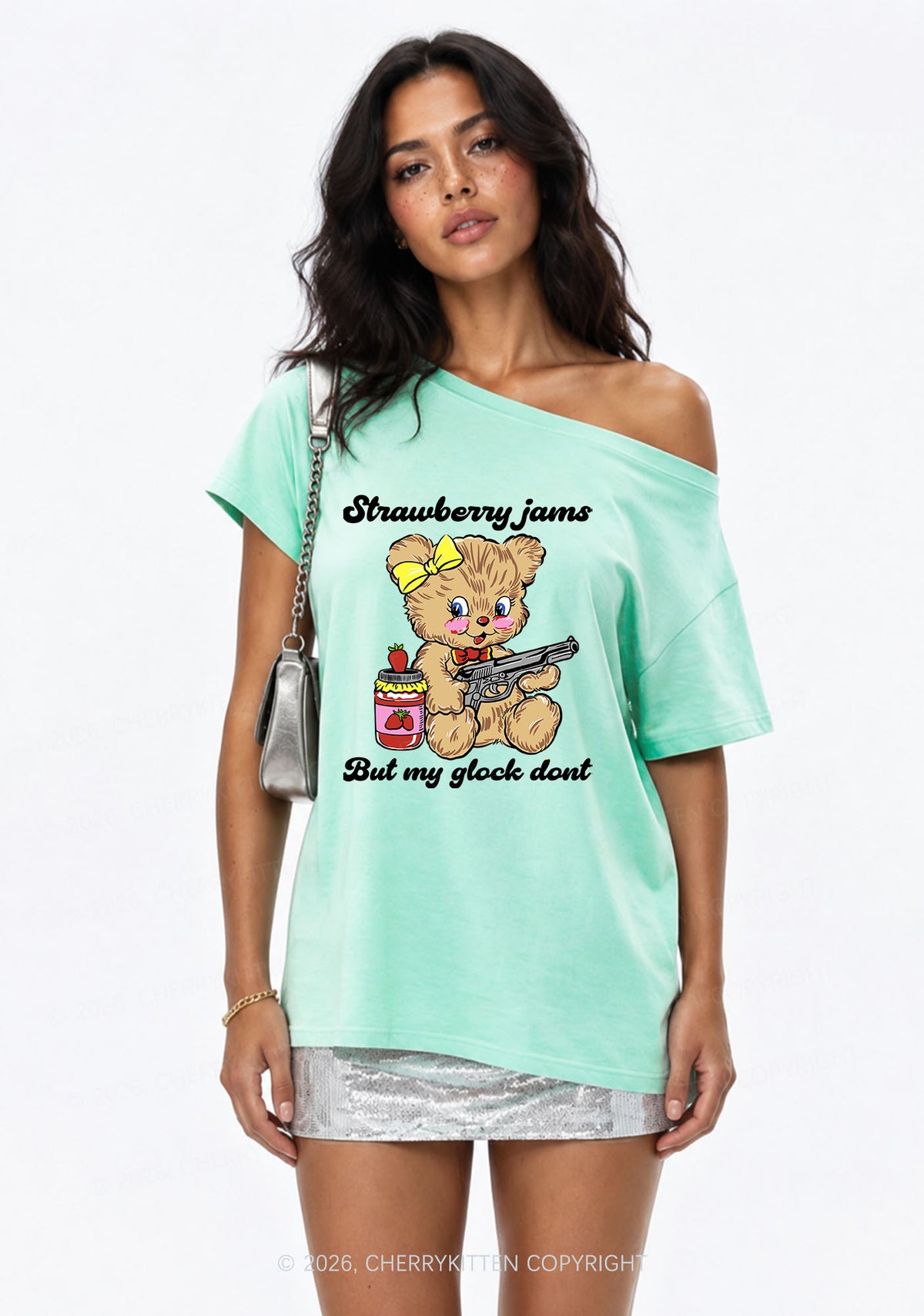 Strawberry Jams Bear Y2K Off Shoulder Tee Cherrykitten