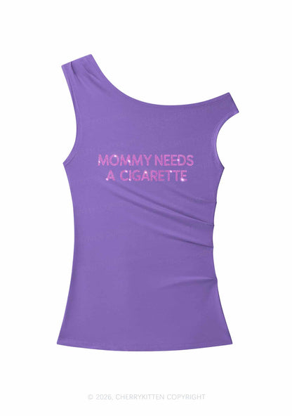 Rhinestone Mommy Needs Cigarette Y2K Off Shoulder Tank Top Cherrykitten
