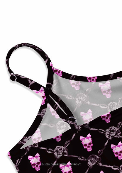 Halloween Pink Skull Y2K Print Slip Dress Cherrykitten